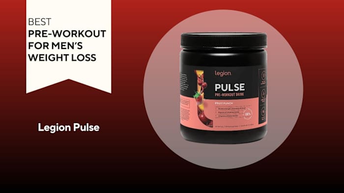 A red background with a white banner reading "Best Pre-Workout for Men's Weight Loss" next to a black and coral colored container of Legion Pulse Pre-Workout in Fruit Punch flavor